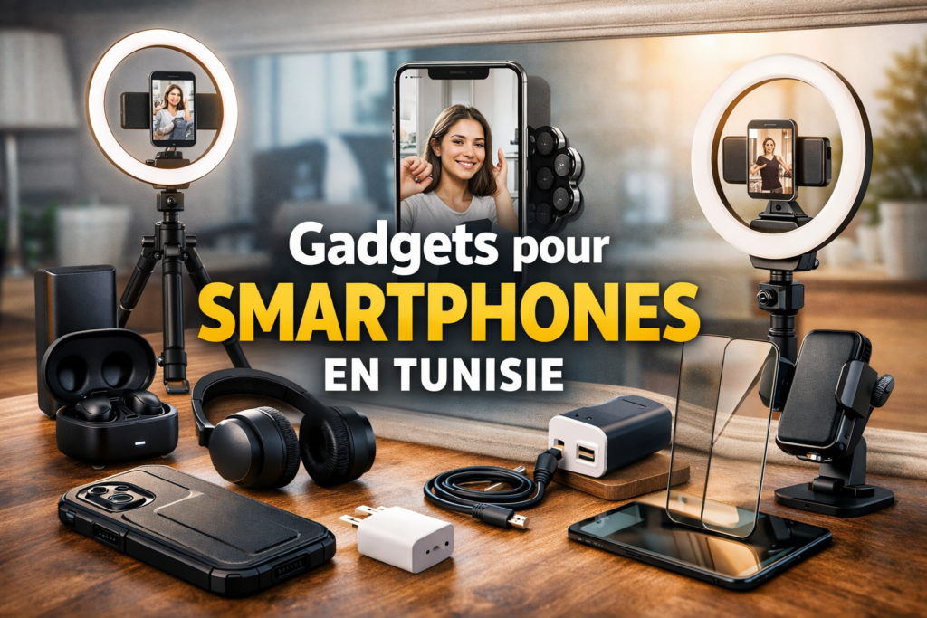 Gadgets pour smartphones en Tunisie incluant support ventouse Octobuddy, ring light, trépied, écouteurs sans fil et accessoires mobiles disponibles sur SmartConso.tn